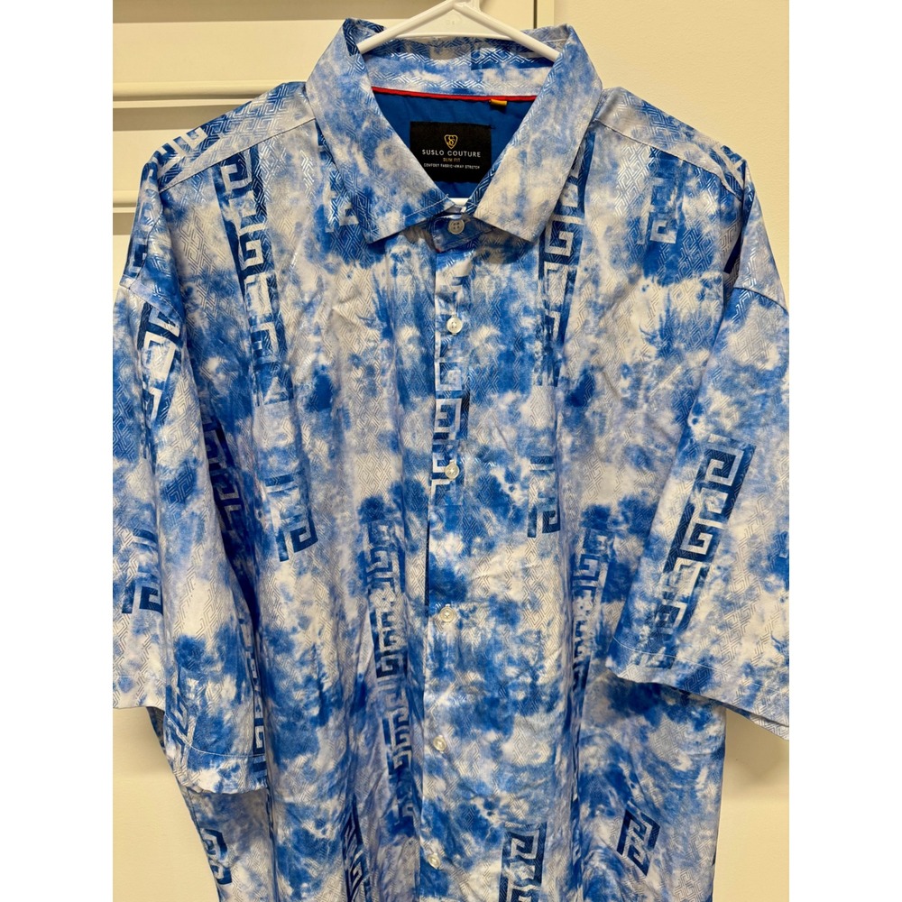 Suslo Couture Mens 4X Blue Tie Dye Silver Metallic Greek Key Slim Fit Shirt